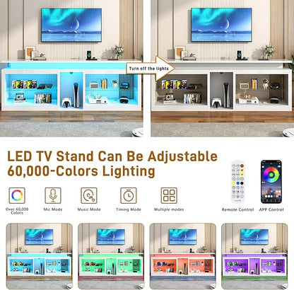 80" LED TV Stand with Power Outlet,60-Colors LED Lights For 80 85 90in TV,High Gloss Gaming Entertainment Center w/Adjustable Shelves,White TV Console with Modern Design for Living Room Bedroom