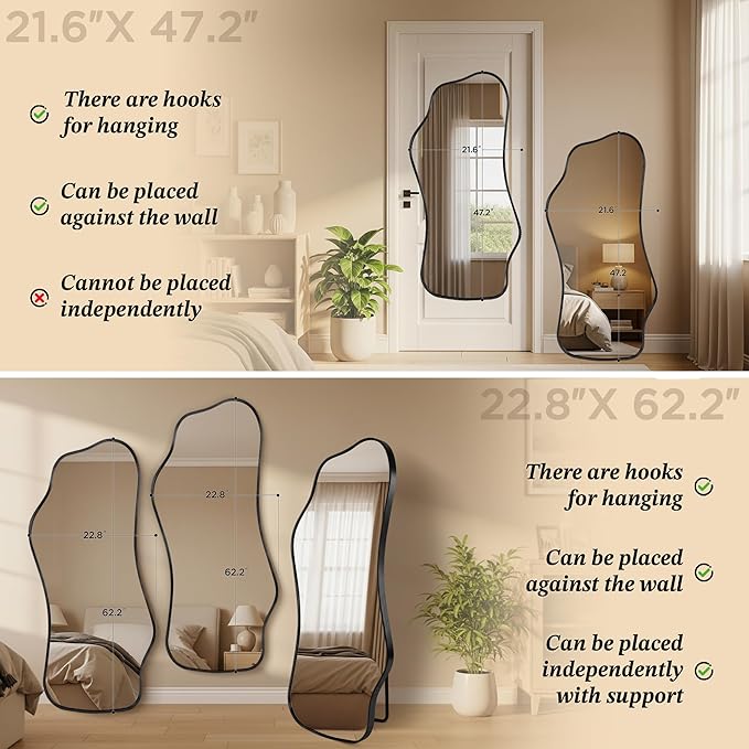 Bathroom Mirrors for Over Sink-Horizontal or Vertical Hanging 47.2"x21.6" Black Asymmetrical Wavy Aluminum Frame Decorative Full Body Mirror for Living Room,Bedroom,Cloakroom,Entryway