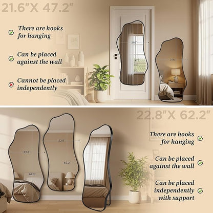 Bathroom Mirrors for Over Sink-Horizontal or Vertical Hanging 47.2"x21.6" Black Asymmetrical Wavy Aluminum Frame Decorative Full Body Mirror for Living Room,Bedroom,Cloakroom,Entryway