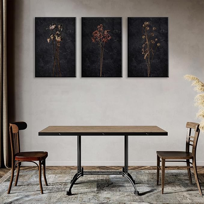LYPHNX Framed Dark Moody Wildflowers Canvas Wall Art Black Vintage Dried Floral Wilderness Botanical Painting Poster Set of 3 Nature Prints Picture Wall decor for Living Room Bedroom Office 12"x16"