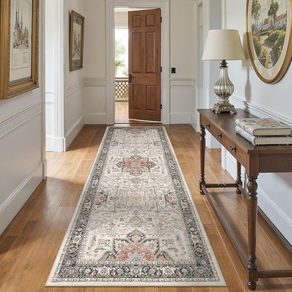 Area Rug for Living Room - 3x8 Large Soft Washable Oriental Vintage Floral Carpet Safe for Babies & Pets - Fade Stain Resistant Non Slip Rugs for Bedroom Dining Room Nursery Dorm Office Home Decor
