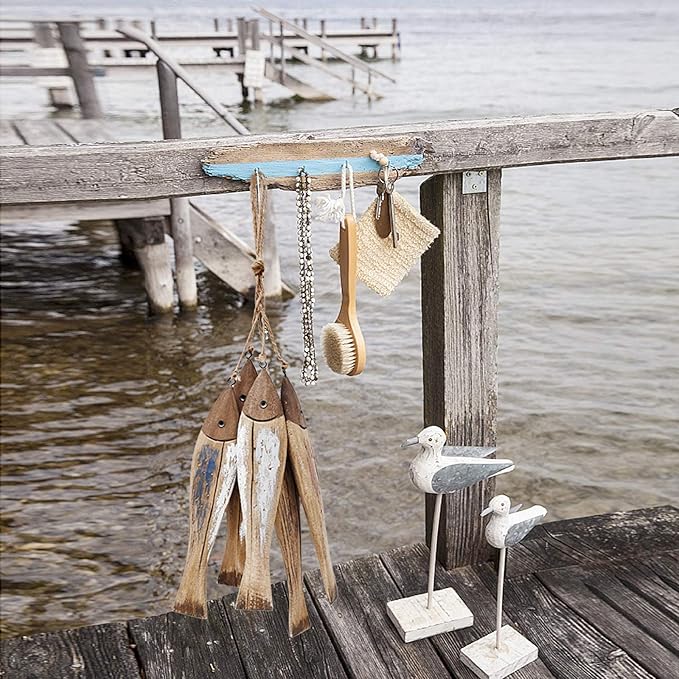 Wooden Fish Decor Hanging Wood Decorations for Wall, Rustic Nautical Beach Theme Fish Sculpture Home Decor for Bathroom Bedroom Lake House Decoration