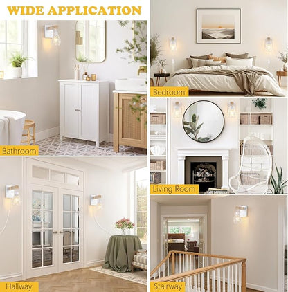 Lomoky White Plug in Wall Sconces Set of Two, Modern Wall Lights with 5.25FT Plug in Cord, Wooden Bedside Wall Lamps with Metal Shade, Industrial Wall Lighting Decor for Living Room, Hallway, Stairs