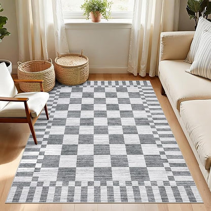 GarveeHome Grey Checkered Rug,Washable 3x5 Rug Non Slip for Entryway, Soft Low-Pile, Modern Farmhouse Geometric Small Area Rugs for Bedroom Kitchen