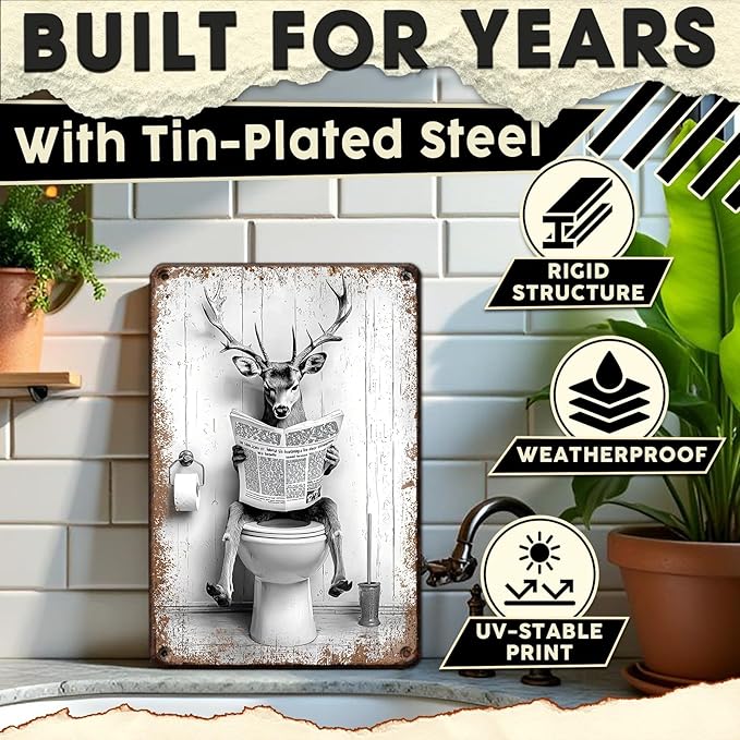 Funny Metal Bathroom Sign Deer on Toilet Reading Newspaper Vintage Black and White Restroom Wall Decor Humorous Buck Stag Tin Sign 8x12 Inch