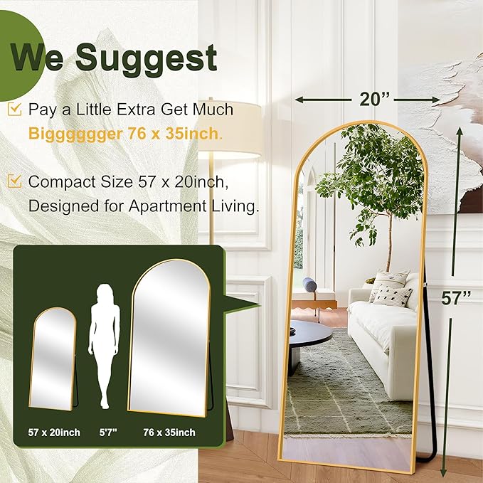 NicBex Arched Full Length Mirror with Stand, 57"x 20" Gold Full Body Mirror, Aluminum Alloy Frame Floor Mirror, Free Standing Mirror, Wall-Mounted, for Bedroom Living Room Dressing Room
