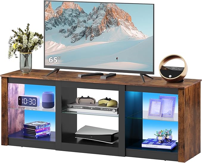 WLIVE RGB LED TV Stand for 65-Inch TV, 58-Inch Entertainment Center with Adjustable Glass Shelves, Modern Media Console for Living Room & Bedroom, Rustic Brown
