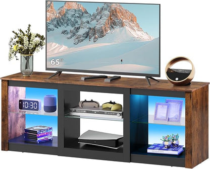 WLIVE RGB LED TV Stand for 65-Inch TV, 58-Inch Entertainment Center with Adjustable Glass Shelves, Modern Media Console for Living Room & Bedroom, Rustic Brown