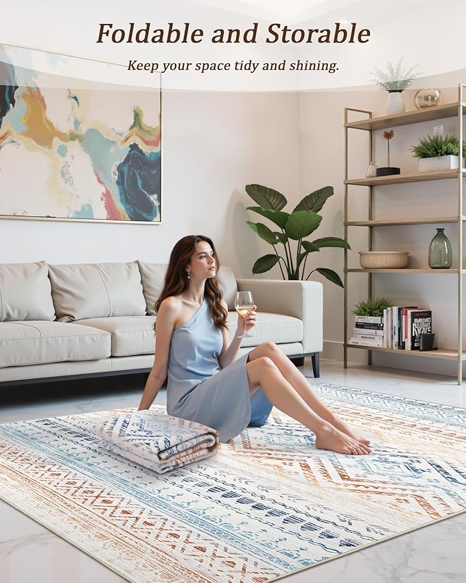 Miukiki 6x9 Area Rug for Living Room Moroccan Washable Rugs Non Slip Indoor Floor Carpet Foldable Large Soft Area Rug for Dining Room Bedroom with Low Pile(Colorful,6'x9')