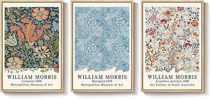 Framed William Morris Wall Art Set of 3, Large Vintage Floral Botanical Canvas Prints, Colorful Nature Artwork for Living Room, Bedroom, Hallway or Office Decor, Total Size 30x60 Inch