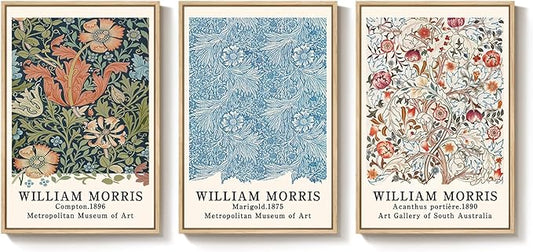 Framed William Morris Wall Art Set of 3, Large Vintage Floral Botanical Canvas Prints, Colorful Nature Artwork for Living Room, Bedroom, Hallway or Office Decor, Total Size 30x60 Inch