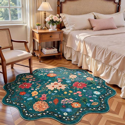 Macgace Dark Green Round Rug for Girls Bedroom, 5ft Machine Washable Floral Area Rugs with Non Slip Backing, Cute Flower Carpet Kitchen Living Room Kids Playroom Decor