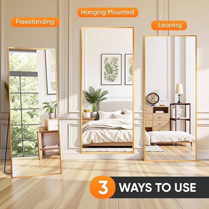 Suidia Full Length Mirror, 76"x34" Floor Standing Mirror Freestanding, Full Body Mirrors with Stand for Bedroom, Hanging Mounted for Living Room Cloakroom, Gold, Rectangular Style