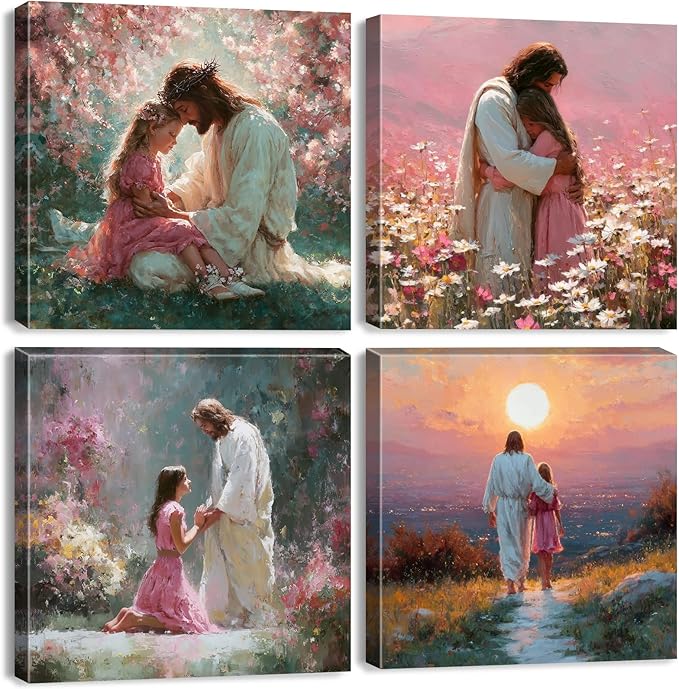 4 Piece Christian Canvas Wall Art Jesus Wall Decor Jesus Embracing Girls Pictures Canvas Prints Pink Women Bedroom Decor Sunset Landscape Posters Prayer Religious Artwork Living Room Decoration 12x12”