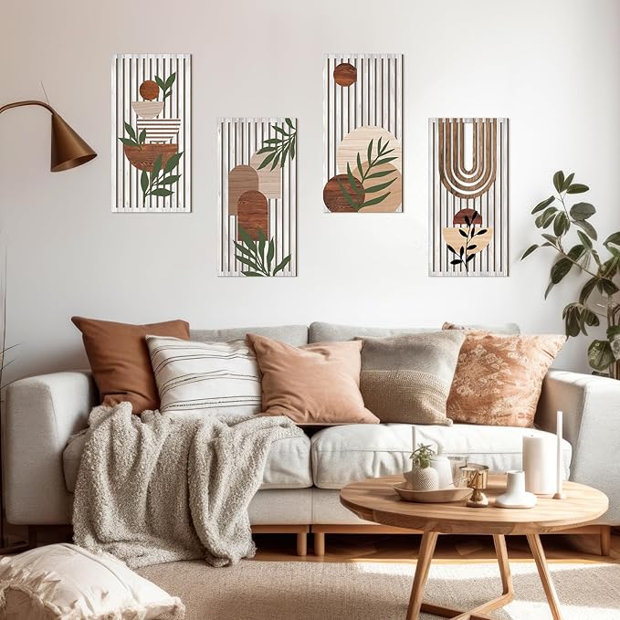 Yuntau 4 Pcs Boho Wooden Wall Art Plant Wall Sculptures Abstract Minimalist Wall Decor Geometric Sun Rainbow Painting Home Decor Print for Living Room Bedroom Office(Cute)