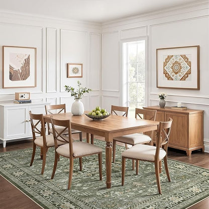 6x9 Area Rug Living Room: Washable Boho Large Neutral Vintage Soft Rug Stain Resistant Farmhouse Non-Slip Indoor Floor Carpet for Bedroom Nursery Kids Playroom Office Dining Room Home- Dark Green