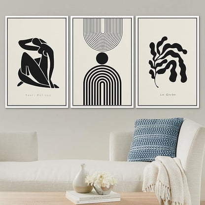 SIGNLEADER Framed Canvas Print Wall Art Set Duotone Matisse Dancer Flower Plant Collage Abstract Shapes Illustrations Modern Art Boho Decorative for Living Room, Bedroom, Office - 24"x36"x3 WHITE