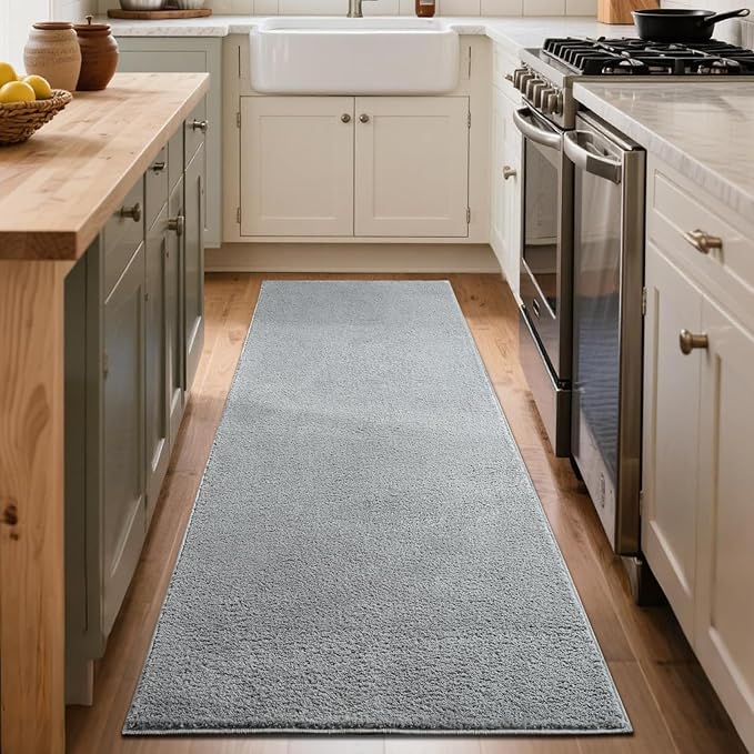 FinRèc 2x8 Washable Runner Rugs for Kitchen Hallway Bedroom, Low Pile Thin Rug Solid Color, Non-Slip Carpet Indoor for Home Decor (Pure Light Grey)