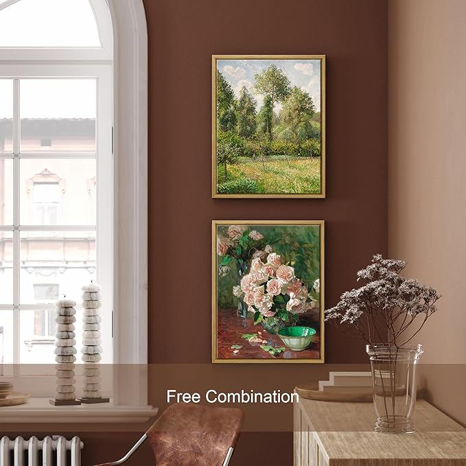 Pyradecor Vintage Retro Framed Wall Art White Roses Canvas Prints Mid Century Wall Decor Bedroom Decor for Living Room Farmhouse Kitchen Decorations