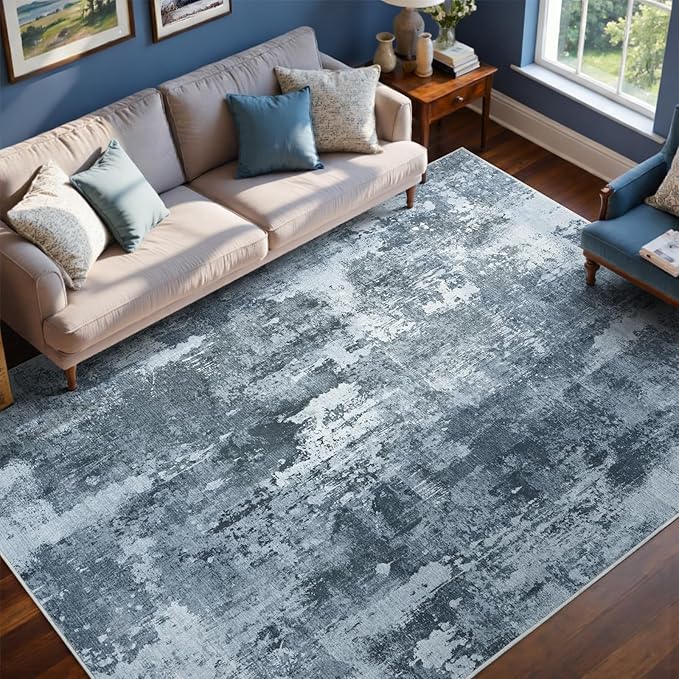 8x10 Ft Large Area Rugs for Living Room, Soft Non-Slip Washable Rugs Modern Abstract Pattern Carpet for Bedroom Indoor Floor Nursery Home Decor (Blue Grey)