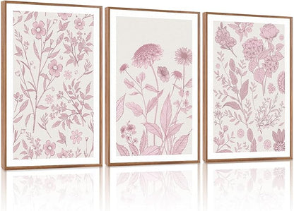 KAIRNE Floral Wall Art Set of 3,Framed Vintage Botanical Flower Canvas Prints,Pink and White Minimalist Wildflower Artwork,Modern Farmhouse Boho Decor for Living Room Bedroom Office Kitchen,16X24 inch