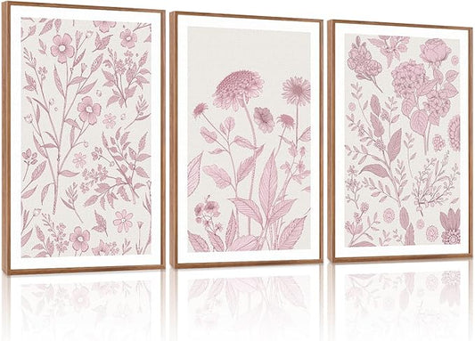 KAIRNE Floral Wall Art Set of 3,Framed Vintage Botanical Flower Canvas Prints,Pink and White Minimalist Wildflower Artwork,Modern Farmhouse Boho Decor for Living Room Bedroom Office Kitchen,16X24 inch