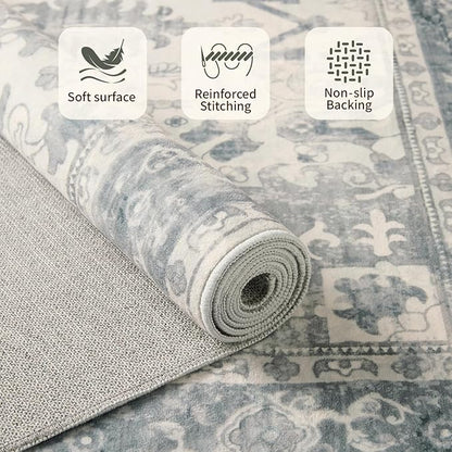 Rugxara 2x5 Hallway Runner Rug, Non Slip Boho Runner Rugs for Hallway, Kitchen, Entrance, Bathroom, Laundry Room, Soft Ultra-Thin Entryway Carpet, Throw Low Pile Retro Imitation Wool Carpet, Blue Grey