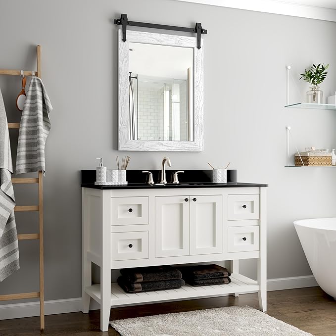 Bathroom Mirror for Over Sink 18”x24” Farmhouse Barn Door Mirror Rustic Wood Framed Wall Mirror for Bathroom, Bedroom, Entryway (White