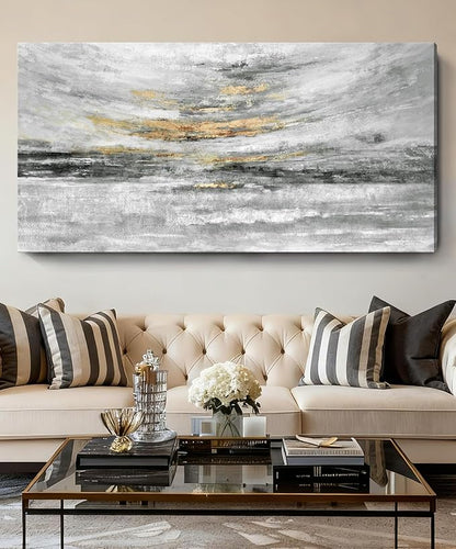 Nicetop 58x29" Modern Minimalist Black & White Abstract Coastal Wall Art with Metallic Gold Accents – Gallery Wrapped Abstract Ocean Waves & Clouds Canvas Art, Ready to Hang for Living Room Wall Decor, Bedroom Wall Art & Office Wall Decor