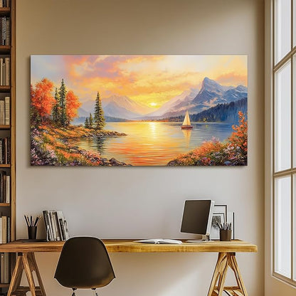 SERIMINO Autumn Landscape Wall Art, Lake Sunset Canvas Extra Large Artwork, Mountain Forest Boat Nature Art Prints, Modern Wall Pictures for Living Room Bedroom, Rustic Farmhouse Wall Decor 29"X57"