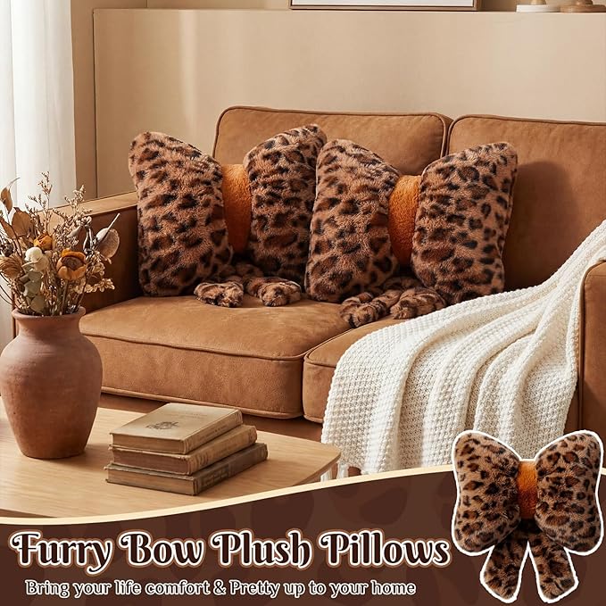2 Pack Leopard Print Bow Throw Pillow Small Cheetah Print Love Pillows 13 x 10 Inch Faux Rabbit Fur Pillows Leopard Throw Bow Pillow for Valentine's Day, Wedding, Vintage Room Decorative