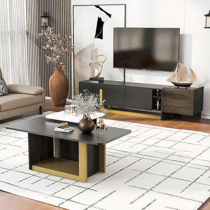 Modern Light Luxury TV Stand and Coffee Table Set of 2, Modern TV Console,Wood Center Tables with Spacious Top, Storage Cabinet & Open Adjustable Shelves for Living Room, Black