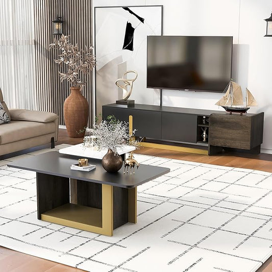Modern Light Luxury TV Stand and Coffee Table Set of 2, Modern TV Console,Wood Center Tables with Spacious Top, Storage Cabinet & Open Adjustable Shelves for Living Room, Black