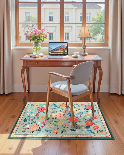 Macgace 2x3 Small Floral Rug for Entryway, Flowers Printed Washable Rugs with Non Slip Backing for Girls Bedroom Kitchen, Cute Throw Carpet Front Door Entry Decor, Light Green