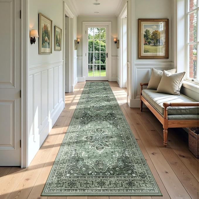 RELEANY Area Rugs 2'x9' Runner Rug Non Slip Washable for Kitchen Hallway Bedroom Beside Laundry Room Bathroom Rug, Floor Carpet, Dark Green Gray