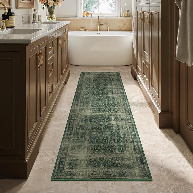 Dark Green 2x6 Hallway Runner Rug, Washable Non Slip Thin Carpet Runners for Kitchen Floor, Distressed Moody Runner Rugs for Entryway/Foyer/Bedroom/Laundry Room, Green with Brown Accents