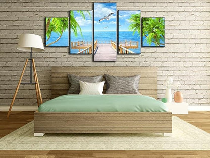 Seagulls Palm Tree Scene Landscape Picture Modern Painting on Canvas 5 Piece Framed Wall Art for Living Room Bedroom Kitchen Home Decor Stretched Gallery Canvas Wrap Giclee Print (60’’W x 32’’H)