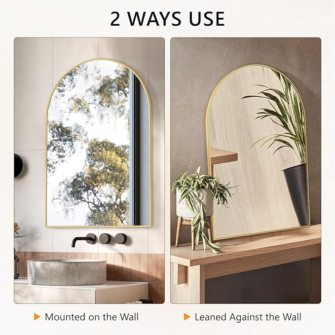 Arched Bathroom Mirror for Wall, 36" x 24" Gold Metal Frame Vanity Mirror, HD Glass Over Sink for Bathroom, Entryway, Bedroom