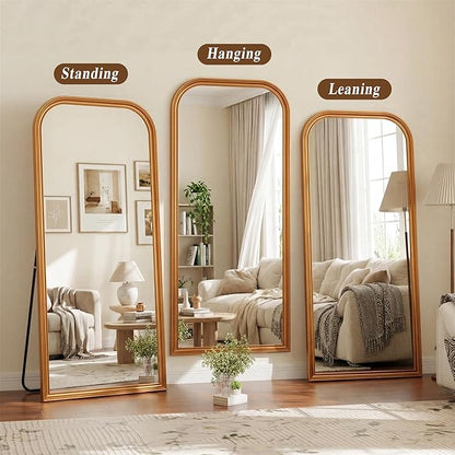 28"×69" Rounded Top Large Full Length Mirror, Arched Vintage Floor Stangding Body Mirror - PU Frame, Wall Mounted Hanging Leaning Antique Decor for Dressing Room, Entryway, Bedroom, Gold