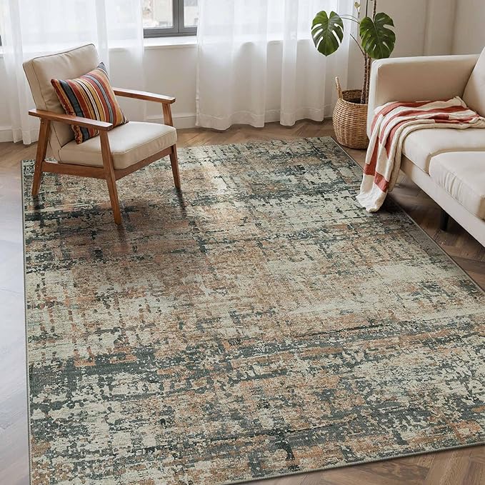 Rugxara 4x6 Rug for Living Room Bedroom, Grey Washable Throw Rugs, Abstract Area Rugs, Non Slip & Low Pile Accent Carpet for Indoor Dining Room, Kids Room and Office(Moss)
