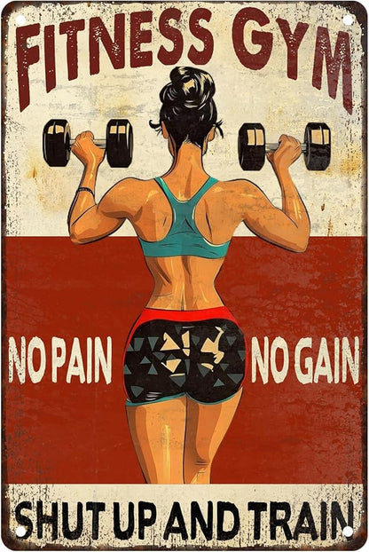 Women‘s Gym Motivational Metal Sign “No Pain No Gain And Train” - 8x12 Inch Vintage Tin Wall Art for Home Gym, Workout Room & Funny Gift Decor