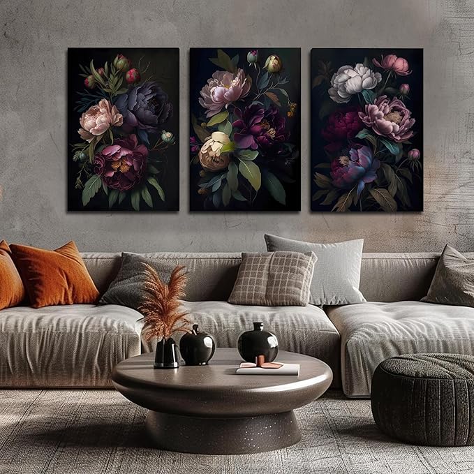 ICHZUMW Moody Floral Wall Art Framed, Vintage Peony Wrapped Canvas Wall Art, Set of 3, Dark Academia Floral Prints, Gothic Flower Pictures for Bedroom Living Room Decor, Elegant Botanical Home Decor