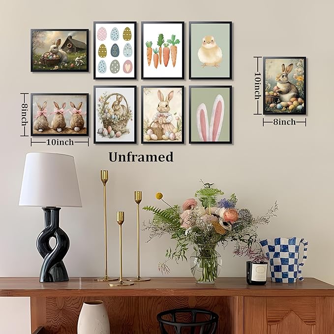 9 Pcs Easter Bunny Wall Decor, Vintage Holiday Wall Art Painting, Rustic Easter Egg Décor Oil Paintings, Fun Rabbit Canvas Poster Print Picture, Vintage Home Decor Animals Artwork Prints 8''x10'' Unframed