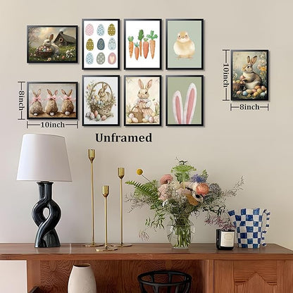 9 Pcs Easter Bunny Wall Decor, Vintage Holiday Wall Art Painting, Rustic Easter Egg Décor Oil Paintings, Fun Rabbit Canvas Poster Print Picture, Vintage Home Decor Animals Artwork Prints 8''x10'' Unframed