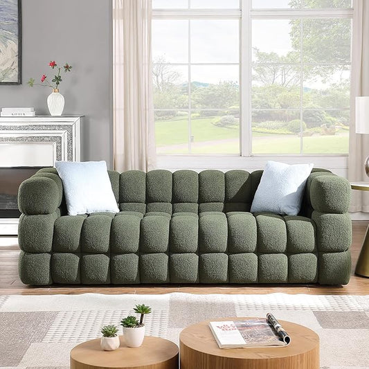 86" Cloud Couch Boucle 3 Seater with Solid Wood Frame & 2 Throw Pillow, Mid Century Modern Plush Couch for Living Room, ALO2269-GR