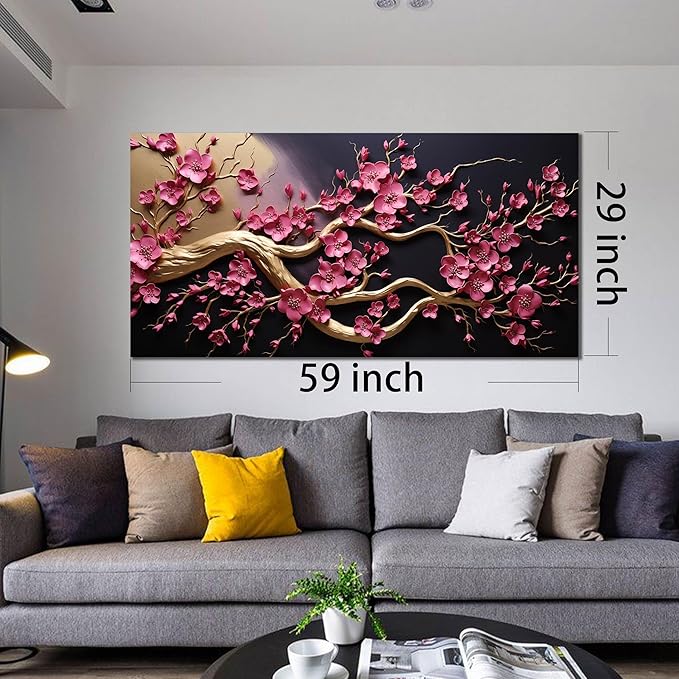 Ouzzlie Pink Wall Art for Living Room Large Plum Blossom Tree Picture Wall Decor Flower Canvas Art Print Black Artwork for Bedroom Office 29" x 59"