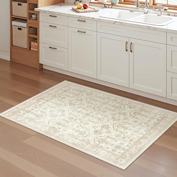 Soalmost 2x3 Washable Rugs for Kitchen, Floor, Entryway, Powder Room Small Area Rug Non-Slip Vintage Low Pile Throw Door Mat Beige/Brown