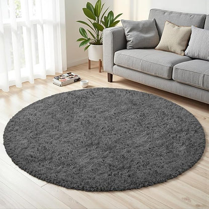Dark Gray Round Fluffy Rug 5ft Plush Fuzzy Shaggy Carpet,Soft Rugs for Living Room for Nursery,Preppy Dorm,Classroom,Playroom,Teen,Baby Home Decor (Dark Gray 5"x5")