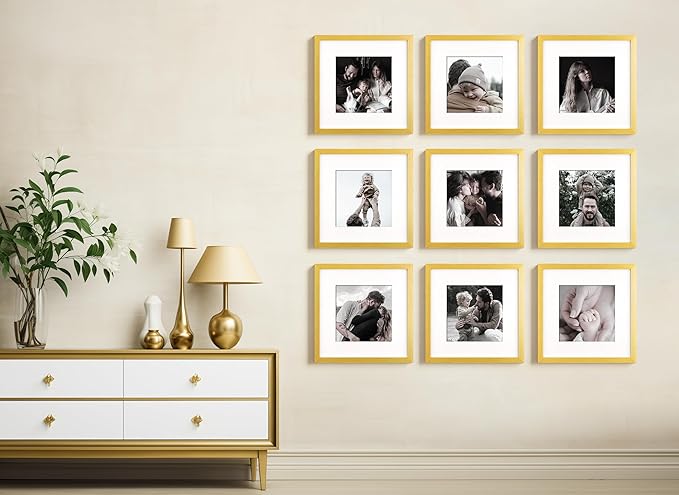 Yaetm Gold 12x12 Picture Frames Set of 9, Square Frame Displays 8x8 with Mat or 12x12 without Mat, Gallery Wall Frame Set for Wall Mounting (9 pack, Gold)