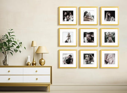 Yaetm Gold 12x12 Picture Frames Set of 9, Square Frame Displays 8x8 with Mat or 12x12 without Mat, Gallery Wall Frame Set for Wall Mounting (9 pack, Gold)
